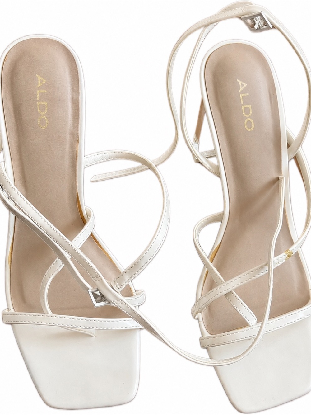 ALDO Cream Strappy Square-Toe Lace-Up Sandals With Clear Block Heel